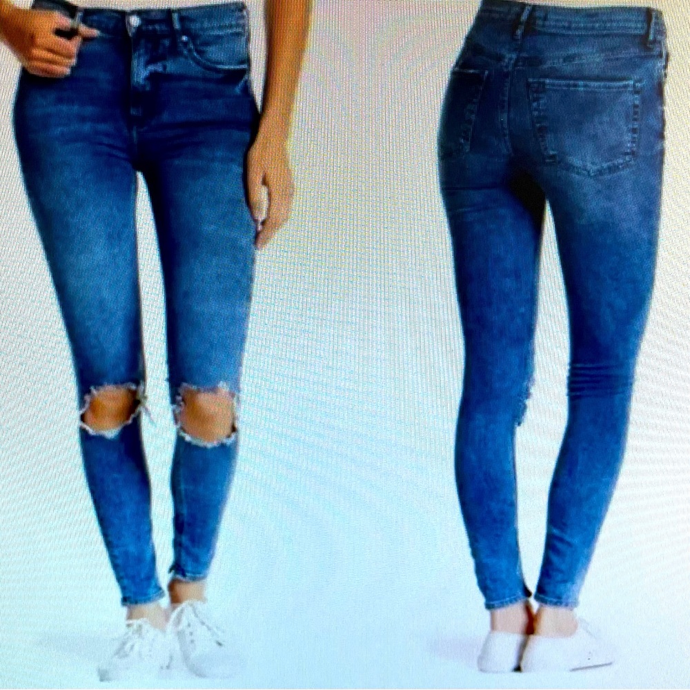 Free People Busted Knee women’s distressed high rise skinny jeans, size 30”